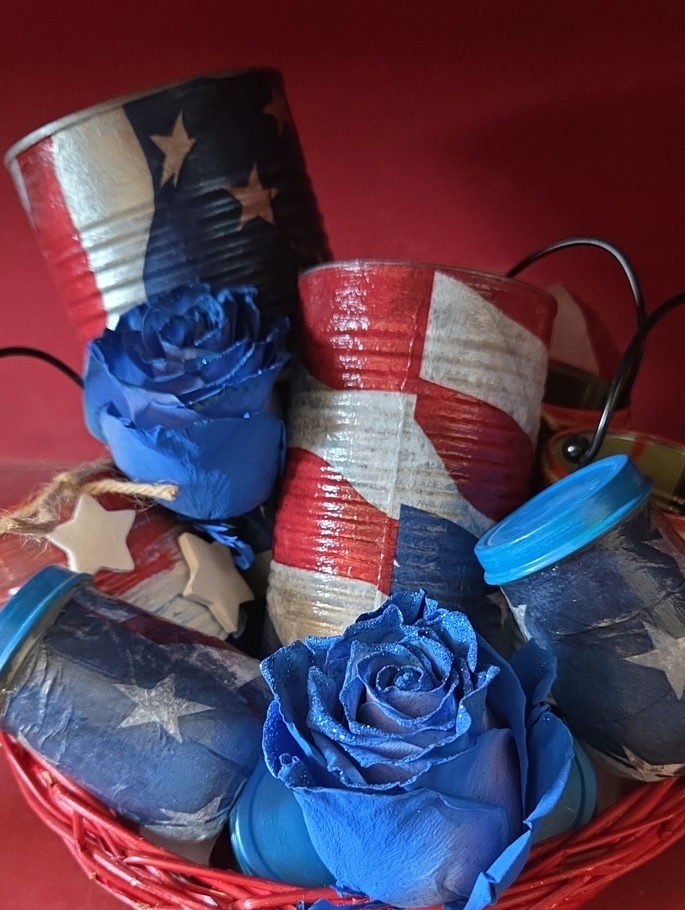 Patriotic Red White Blue Star Repurposed Cans, Tea Lights Set